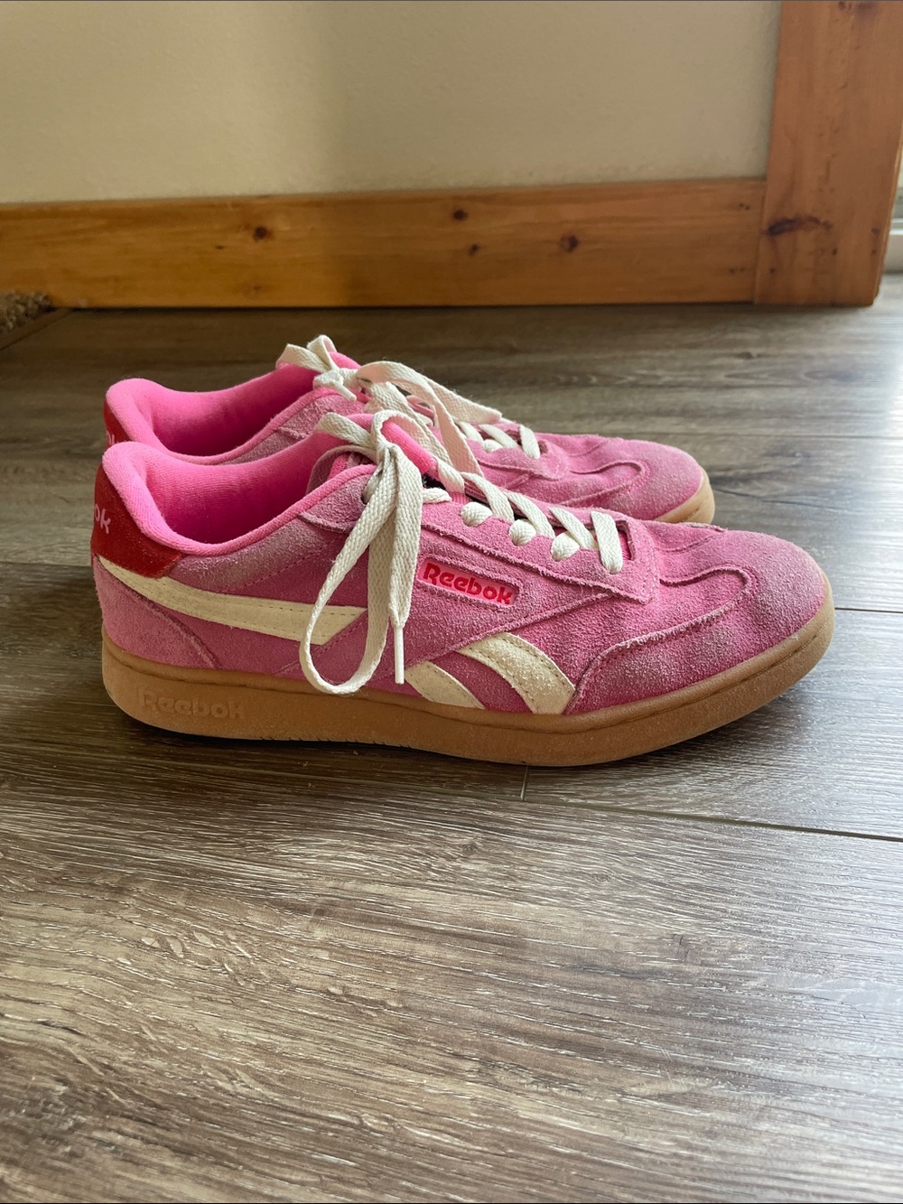 Reebok Pink Suede Low-Top Sneakers with Cream Stripes
